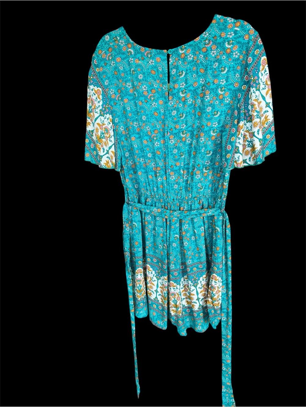 Teal Floral Boho Tie-Waist Romper / Mini Dress - Picture 4 of 7
